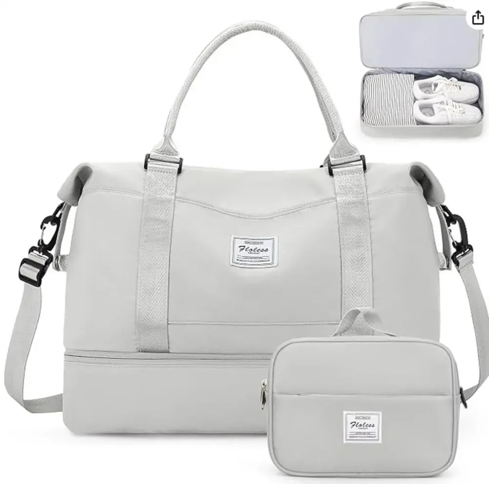 NWT Cream Weekender Bag Travel Duffel w/ Champagne Straps & Makeup Bag